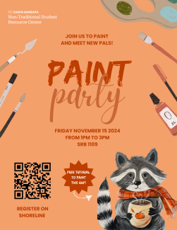 J on Friday November 15th 2024 from 1PM to 3PM for a fun paint session! The NTSRC is excited to offer a fall-themed arts & crafts activity with a fun tutorial and snacks available. Come meet other non-traditional students! The first ten registered attendees to show up will receive free canvases. Other art supplies will be available as well.