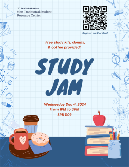 Join us on Wednesday December 4th from 1PM to 3PM in the NTSRC (SRB 1109) for a relaxing and chill study jam! Free study kits, donuts, and coffee will be provided.